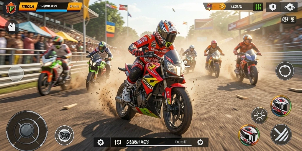 Menampilkan gameplay balapan motor yang mendebarkan dan seru.