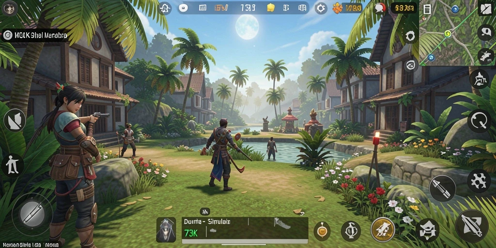 Screenshot gameplay 73K menampilkan dunia simulasi yang kaya dan interaktif.