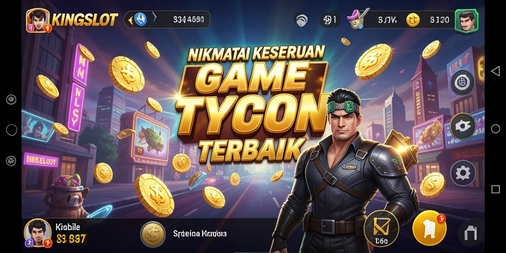 Screenshot gameplay KINGSLOT menampilkan strategi dan manajemen bisnis.
