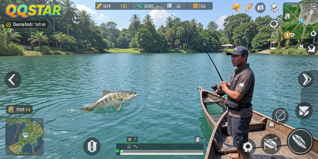 Screenshot gameplay menampilkan momen seru saat menangkap ikan besar.