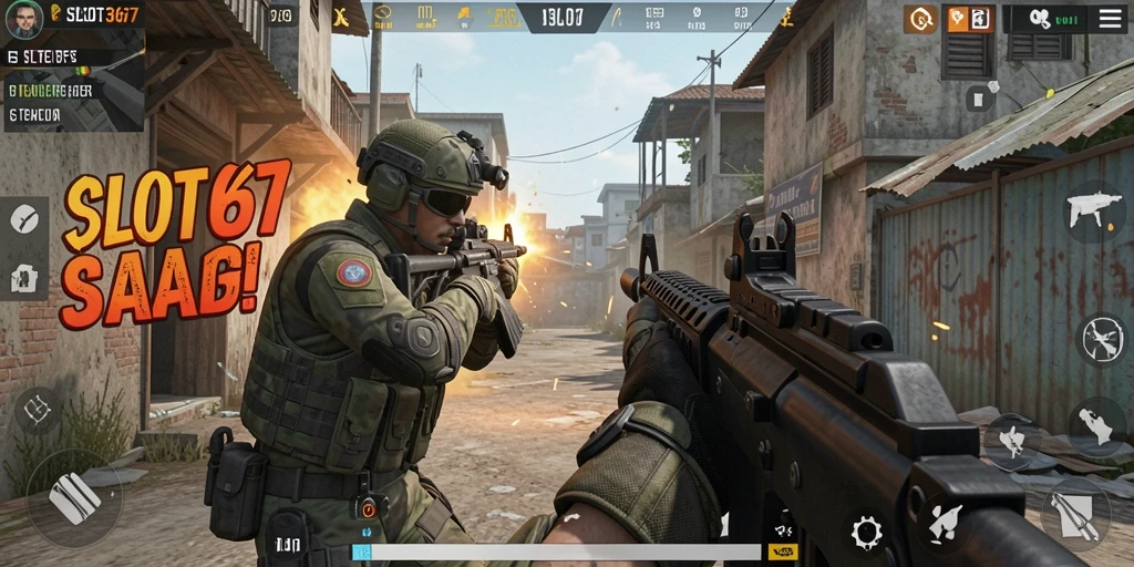 Screenshot SLOT367 menampilkan aksi intens dalam pertempuran FPS.