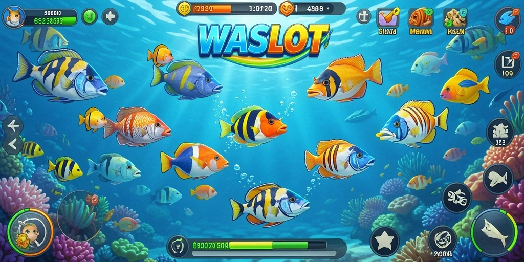 Tampilan gameplay WASLOT dengan berbagai ikan dan senjata menarik.